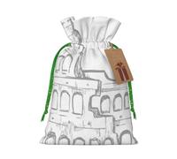 (Roman Colosseum Italian Flag) Printed Christmas S Size Gift Bags with Green Ribbon Drawstring Candy Bags for Kids Xmas Holiday Christmas Eve Presents