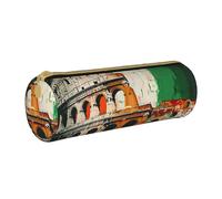 Roman Colosseum Italian Flag Printed Leather Pencil Case Round Pen Pencil Pouch Office Large Pencil Bag Stationery Box for Men Women Teens Students