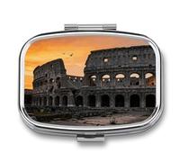 Roman Colosseum pilldispenser with Mirror 2 Compartments Waterproof PillCase for Purse Pocket Non-Slip Grip Travel Medicine Organizer Container Box for Vitamin Fish Oil Supplement