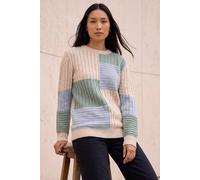 Roman Originals Colour Block Cable Knit Jumper for Women UK - Ladies Everyday Autumn Winter Crew Neckline Comfy Soft Evening Vacation Work Party Night Out - Ivory - Size 14