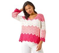 Roman Colour Block Crochet Knit Scalloped Jumper for Women UK - Ladies Spring Everyday Summer Holiday - Pink - Size 16