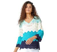 Roman Colour Block Crochet Knit Scalloped Jumper for Women UK - Ladies Spring Everyday Summer Holiday - Turquoise - Size 18