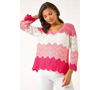Roman Women's Colour Block Crochet Knit Scalloped Jumper in Pink | Size: 20 Roman Pink 20