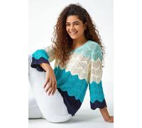 Roman Colour Block Crochet Knit Scalloped Jumper for Women UK - Ladies Spring Everyday Summer Holiday - Turquoise - Size 20