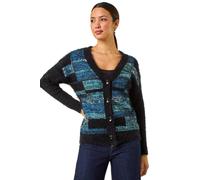 Roman Originals Colour Block Fluffy Knit Cardigan for Women UK - Ladies Everyday Autumn Winter V-Neckline Comfy Soft Evening Vacation Work Party Night Out - Blue - Size 20