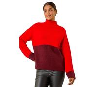 Roman Colour Block Funnel Neck Knit Jumper for Women UK - Ladies Autumn Everyday Winter Holiday Long Sleeve Soft Warm Feel Comfy Two Tone Top Office Desk Sweaters - Red - Size 20