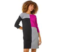 Roman Colour Block Ribbed Knit Dress for Women UK - Ladies Autumn Everyday Winter Holiday Round Neckline Comfy 3/4 Sleeve Soft Knee Length Frock Office Desk Gowns - Fuchsia - Size 14