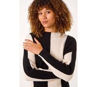 Roman Originals Colour Block Soft Knit Jumper for Women UK - Ladies Everyday Autumn Winter Funnel Neckline Comfy Soft Evening Vacation Work Party Night Out - Black - Size 12