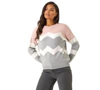 Roman Originals Women Stripe Print Jumper Ladies Winter Autumn Knit Knitted Sweater Embroidered Knitwear Casual Smart Round Crew Neck Pull Over Everyday Going Out Party - Pink - Size 16