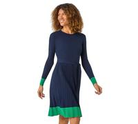 Roman Contrast Border Knitted Stretch Dress for Women UK - Ladies Autumn Everyday Winter Holiday Round Neckline Comfy Long Sleeve Soft Knee Length Frock Office Desk Gowns - Navy - Size 18