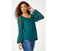 Roman Originals Contrast Chiffon Sleeve Top for Women UK - Ladies Everyday Holiday Spring Summer Long Sleeve Comfy Soft Evening Vacation Work Party - Green - Size 20