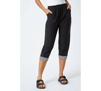 Roman Originals Cropped Stretch Trouser for Women UK - Ladies Capri Pants Summer Leggings 3/4 Three Quarter Pedal Pusher Elasticated Waist Cut Off Contrast Detail Pull On Work - Black - Size 10