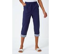 Roman Originals Cropped Stretch Trouser for Women UK - Ladies Capri Pants Summer Leggings 3/4 Three Quarter Pedal Pusher Elasticated Waist Cut Off Contrast Detail Pull On Work - Navy - Size 18