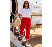 Roman Cropped Stretch Trouser for Women UK - Ladies Capri Pants Summer Leggings 3/4 Three Quarter Pedal Pusher Elasticated Waist Cut Off Contrast Detail Pull On Work - Red - Size 20