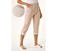 Roman Cropped Stretch Trouser for Women UK - Ladies Capri Pants Summer Leggings 3/4 Three Quarter Pedal Pusher Elasticated Waist Cut Off Contrast Detail Pull On Work - Stone - Size 16