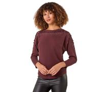 Roman Originals Contrast Embellished Knit Jumper for Women UK - Ladies Everyday Autumn Winter Crew Neckline Comfy Soft Evening Vacation Work Party Night Out - Burgundy - Size S