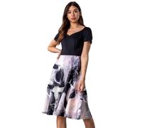 Roman Originals Women Contrast Floral Print Fit & Flare Dress - Ladies Spring Everyday Summer Holiday V-Neckline Fashion Short Sleeve Comfy Vacation Dresses - Black & Grey - Size 16