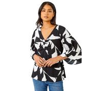 Roman Contrast Floral Print Ruched Tunic Top In Black Black 10