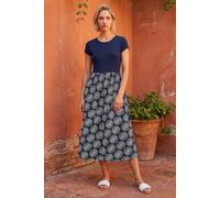 Roman Midi Dress with Pockets for Women UK Ladies Stretchy Jersey Maxi Long Short Sleeve Elasticated Gathered High Waist Boho Flattering Skater Swing Fit Flare - Contrast Geo Navy - Size 18