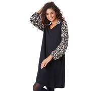 Roman Originals Contrast Animal Print Swing Dress for Women UK - Ladies Everyday Holiday Autumn Winter Pull-On V-Neck Long Sleeves Comfy Soft Vacation Work Leopard - Black - Size 14