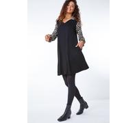 Roman Originals Contrast Animal Print Swing Dress for Women UK - Ladies Everyday Holiday Autumn Winter Pull-On V-Neck Long Sleeves Comfy Soft Vacation Work Leopard - Black - Size 18