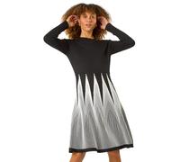 Roman Contrast Pattern Knitted Dress for Women UK - Ladies Autumn Everyday Winter Holiday Round Neckline Comfy Long Sleeves Soft Midi Length Frock Office Desk Gowns - Black - Size 12