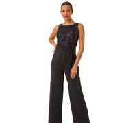 Roman Originals Contrast Sequin Bodice Jumpsuit for Women UK - Ladies Everyday Autumn Winter Round Neckline Comfy Soft Evening Vacation Work Party Night Out - Black - Size 20