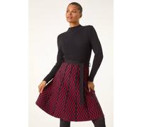 Roman Originals Ribbed Jumper Dress for Women UK with Contrast Panelled Skirt Ladies Everyday Autumn Winter High Neckline Comfy Soft Evening Vacation Work Party Night Out - Red - Size 20