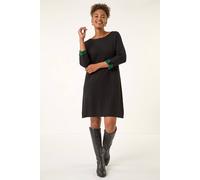 Roman Originals Contrast Sleeve Knitted Shift Dress for Women UK - Ladies Everyday Autumn Winter Round Neckline Comfy Soft Evening Vacation Work Party Night Out - Forest - Size 14