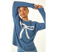 Roman Originals Contrast Stitch Bow Knit Jumper for Women UK - Ladies Everyday Holiday Spring Summer Crew Neckline Comfy Soft Evening Vacation Work Party - Blue - Size 16