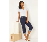 Roman Originals Contrast Stripe Cropped Stretch Trouser for Women UK - Ladies Everyday Holiday Spring Summer Comfy Soft Evening Vacation Work Party - Navy - Size 20