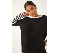 Roman Originals Contrast Stripe Detail Knit Jumper for Women UK - Ladies Everyday Autumn Winter Round Neckline Comfy Soft Evening Vacation Work Party Night Out - Black - Size 10