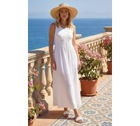 Roman Originals Cotton Blend Lace Detail Midi Dress for Women UK - Ladies Everyday Holiday Spring Summer Round Neckline Comfy Soft Evening Vacation Work Party - White - Size 20