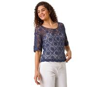 Roman Originals Cotton Crochet T-Shirt for Women UK - Ladies Everyday Holiday Spring Summer Round Neckline Comfy Soft Evening Vacation Work Party - Navy - Size 14