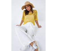 Roman Originals Cotton Crochet T-Shirt for Women UK - Ladies Everyday Holiday Spring Summer Round Neckline Comfy Soft Evening Vacation Work Party - Yellow - Size 16