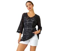 Roman Cotton Crochet Tunic for Women UK Ladies Cotton Lace Top Blouse Crinkle Embroidered Eyelet Broderie Anglaise Spring Summer Beach Holiday Cool Loose Jumper Cover Up - Black - Size 10