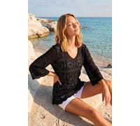 Roman Cotton Crochet Tunic for Women UK Ladies Cotton Lace Top Blouse Crinkle Embroidered Eyelet Broderie Anglaise Spring Summer Beach Holiday Cool Loose Jumper Cover Up - Black - Size 18