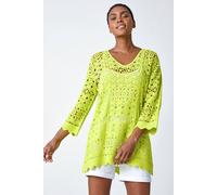 Roman Cotton Crochet Tunic for Women UK Ladies Cotton Lace Top Blouse Crinkle Embroidered Eyelet Broderie Anglaise Spring Summer Beach Holiday Cool Loose Jumper Cover Up - Lime - Size 16