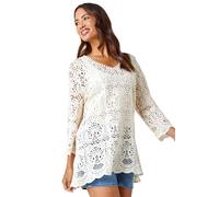 Roman Cotton Crochet Tunic for Women UK Ladies Cotton Lace Top Blouse Crinkle Embroidered Eyelet Broderie Anglaise Spring Summer Beach Holiday Cool Loose Jumper Cover Up - Natural - Size 12