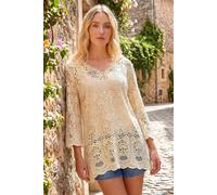 Roman Cotton Crochet Tunic for Women UK Ladies Cotton Lace Top Blouse Crinkle Embroidered Eyelet Broderie Anglaise Spring Summer Beach Holiday Cool Loose Jumper Cover Up - Natural - Size 12