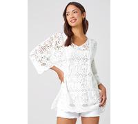Roman Cotton Crochet Tunic for Women UK Ladies Cotton Lace Top Blouse Crinkle Embroidered Eyelet Broderie Anglaise Spring Summer Beach Holiday Cool Loose Jumper Cover Up - White - Size 16