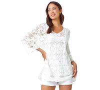 Roman Cotton Crochet Tunic for Women UK Ladies Cotton Lace Top Blouse Crinkle Embroidered Eyelet Broderie Anglaise Spring Summer Beach Holiday Cool Loose Jumper Cover Up - White - Size 20