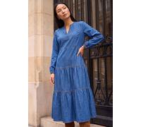 Roman Originals Cotton Denim Tiered Midi Dress for Women UK - Ladies Everyday Autumn Winter V-Neckline Comfy Soft Evening Vacation Work Party Night Out - Denim - Size 18