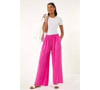 Roman Originals Cotton Elasticated Waist Wide Leg Trouser for Women UK - Ladies Everyday Holiday Spring Summer Comfy Soft Evening Vacation Work Party - Fuchsia - Size ONE