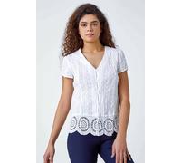 Roman Crinkle Top for Women UK Ladies Embroidered Blouse 100% Cotton Lace Eyelet Shirt Cami Tunic Vest Sleeveless Short Sleeve Casual Notch Neck Broderie Anglaise - White - Size 12