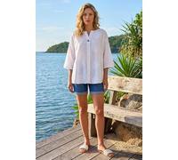 Roman Cotton Floral Embroidered Tunic Top for Women UK - Ladies Spring Everyday Summer Holiday Notch Neckline Comfy 3/4 Sleeve Soft Button Detail Top Day Out Blouses - Ivory - Size L