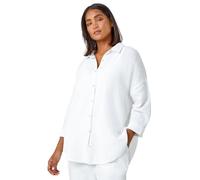 Roman Cotton Textured Button Shirt for Women UK - Ladies Spring Everyday Summer Holiday 3/4 Sleeve Soft Relaxed Fit Comfy Collared Blouse Vacation Tops - Ivory - Size 14