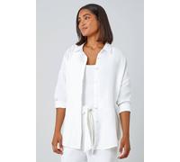 Roman Cotton Textured Button Shirt for Women UK - Ladies Spring Everyday Summer Holiday 3/4 Sleeve Soft Relaxed Fit Comfy Collared Blouse Vacation Tops - Ivory - Size 12