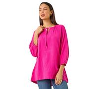Roman Cotton Tie Neck Tunic Top for Women UK - Ladies Spring Everyday Summer Holiday 3/4 Sleeve Soft Round Neckline Comfy Longline Shirt Day Out Blouses - Cerise - Size 18