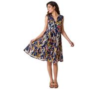 Roman Originals Cotton Tropical Lace Detail Tiered Dress for Women UK - Ladies Everyday Holiday Spring Summer V-Neckline Comfy Soft Evening Vacation Work Party - Navy - Size 16